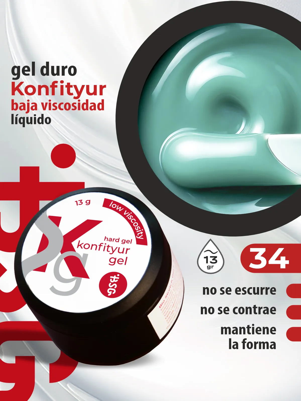 Gel duro BSG para extensiones Konfityur, 34 Mint Aqua, BAJA VISCOSIDAD (13 g)
