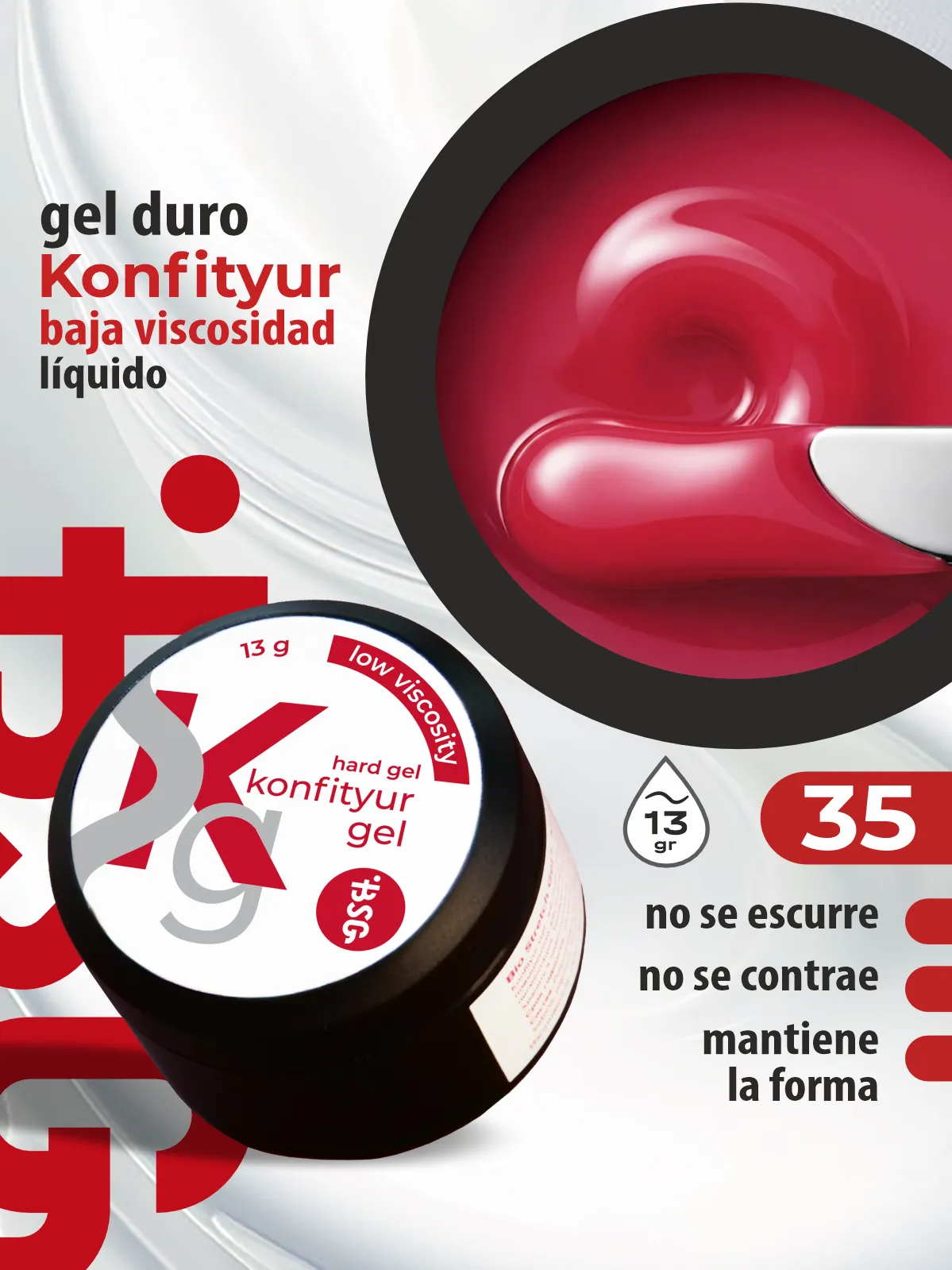 Gel duro BSG para extensiones Konfityur, 35 Rosa Frambuesa, BAJA VISCOSIDAD (13 g)